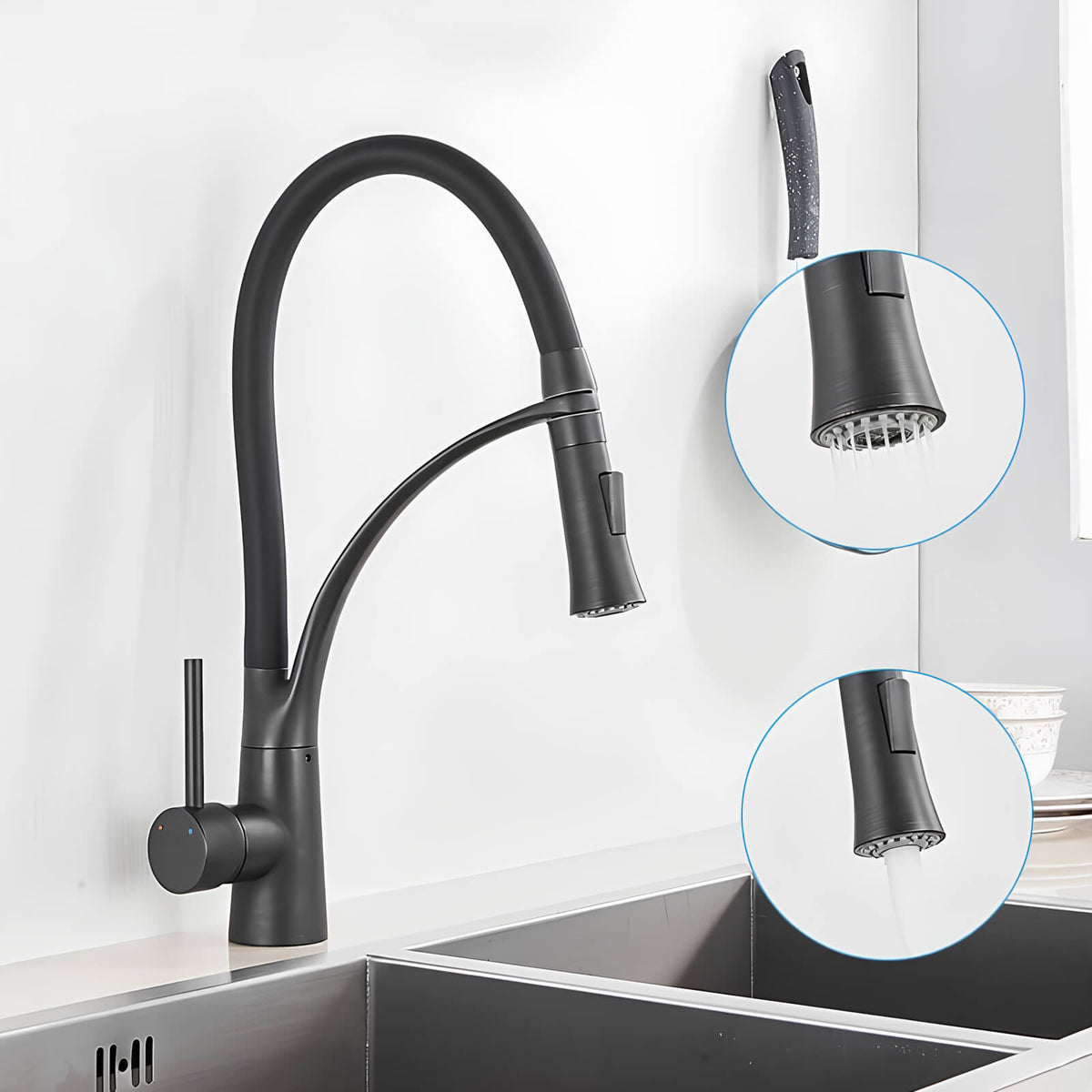 Robinet cuisine en laiton – mitigeur avec douchette extractible et bec orientable  Le Mitigeur