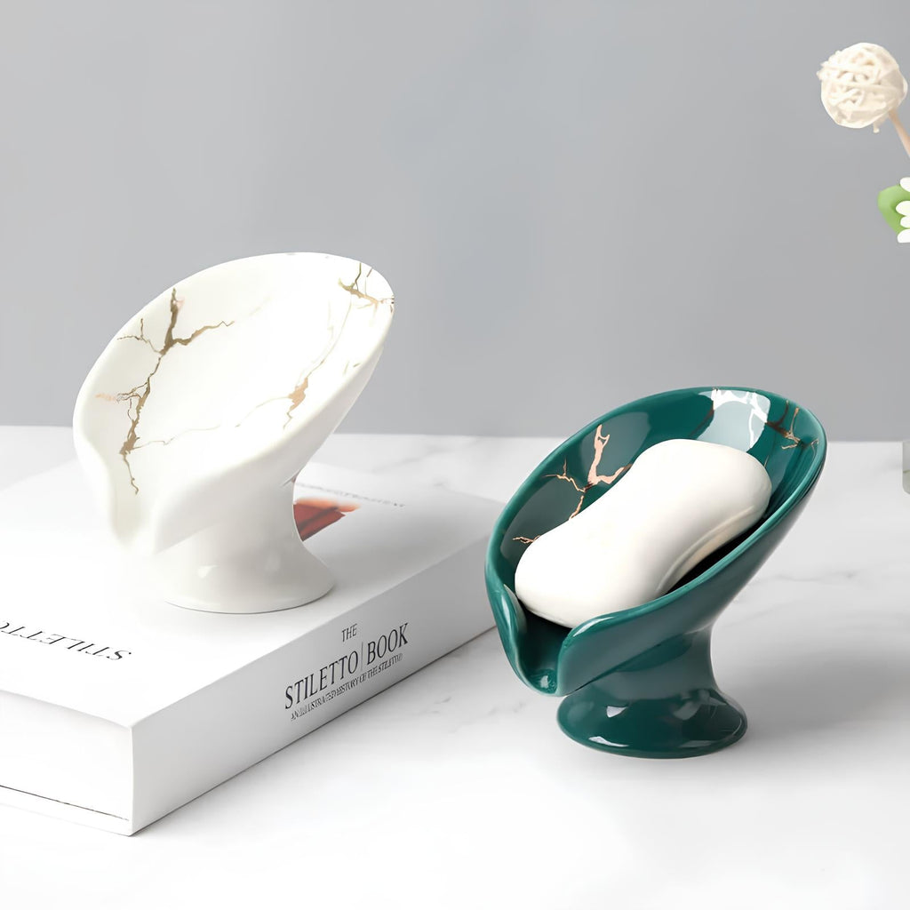Porte-savon en céramique – design feuille avec trous d’évacuation, salle de bain ou cuisine  Le Mitigeur